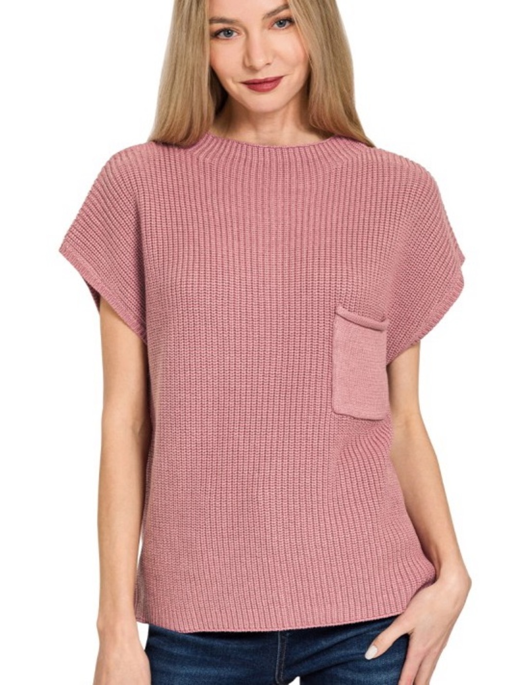 Women's Dusty Rose Knit Short-Sleeve Pocket Sweater Top NWOT